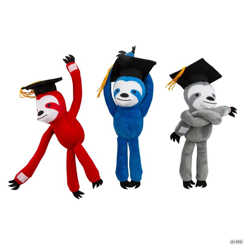 11" Long Arm Graduation Red, Blue & Grey Stuffed Sloths - 12 Pc. | Elite Festo