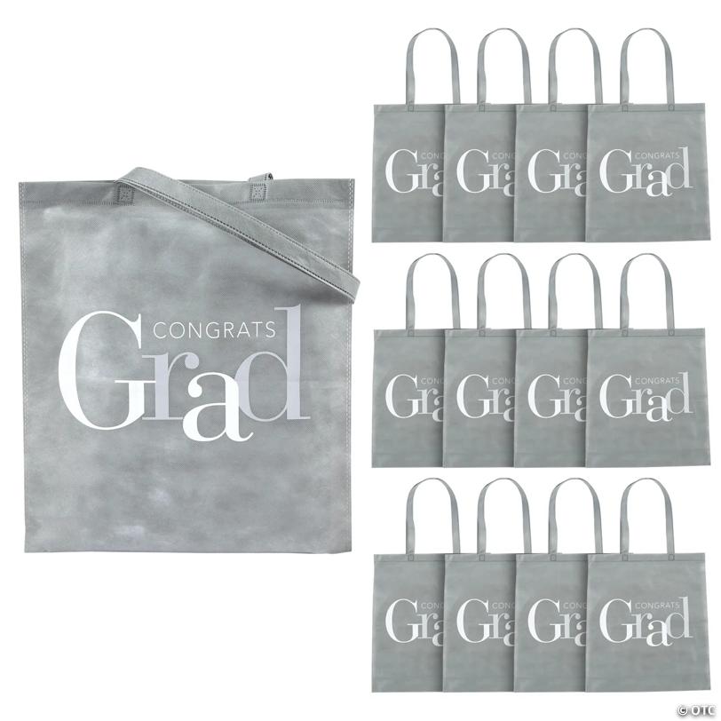 15" x 17" Large Gray Graduation Elevated Party Congrats Grad Nonwoven Tote Bags - 12 Pc. | Elite Festo