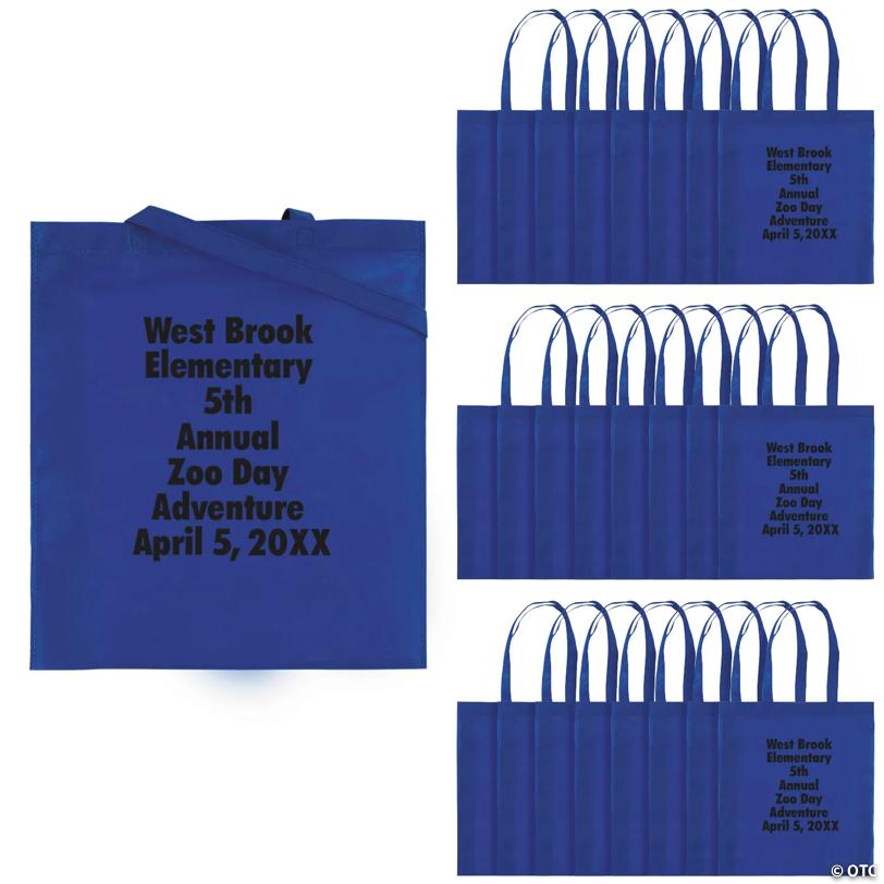 15" x 17" Personalized Large Blue Nonwoven Tote Bags with Text Color Choice - 48 Pc.