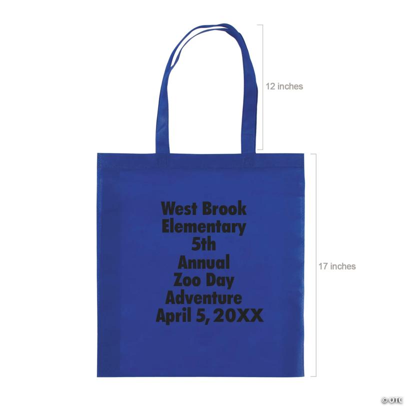 15" x 17" Personalized Large Blue Nonwoven Tote Bags with Text Color Choice - 48 Pc.