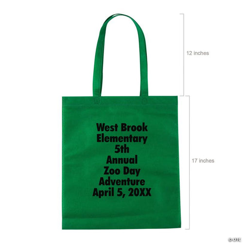 15" x 17" Personalized Large Green Nonwoven Tote Bags with Text Color Choice - 48 Pc.