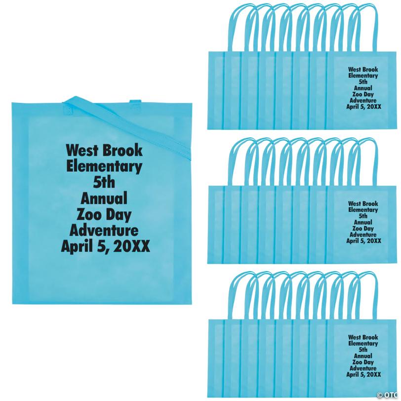 15" x 17" Personalized Large Light Blue Nonwoven Tote Bags with Text Color Choice - 48 Pc.