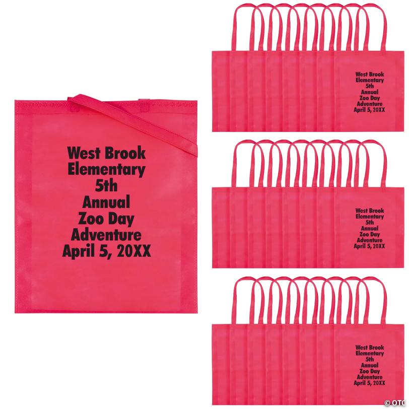 15" x 17" Personalized Large Pink Nonwoven Tote Bags with Text Color Choice - 48 Pc.