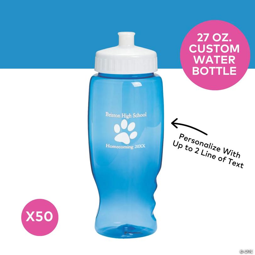 27 oz. Bulk 50 Ct. Personalized Blue Paw Print Transparent Plastic Water Bottles
