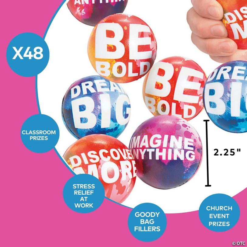 2 1/4" Bulk 48 Pc. Watercolor Inspirational Positive Saying Foam Stress Balls