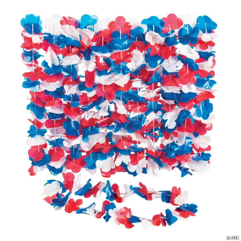 34" Bulk 50 Pc. Patriotic Tri-Color Red, White & Blue Flower Plastic Leis | Elite Festo