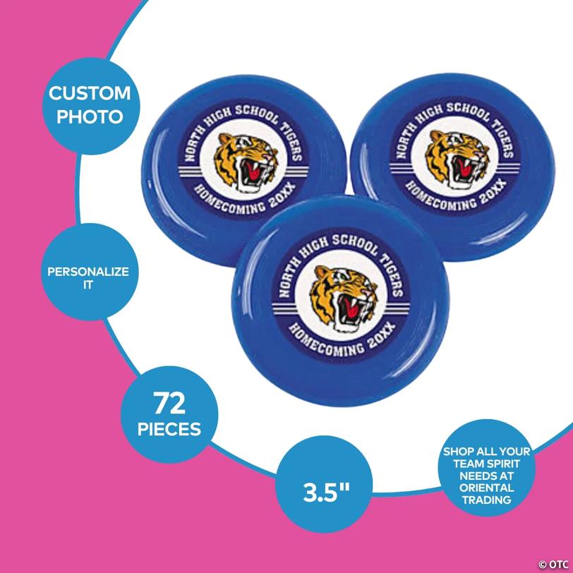 3 1/2" Bulk 72 Pc. Personalized Custom Photo Mini Blue Team Spirit Flying Discs