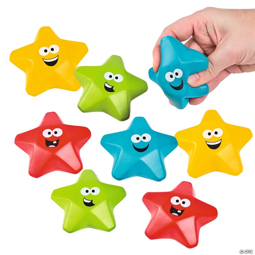 3" Bulk 48 Pc. Bright Color Smiling Star Student Classroom Rewards Foam Stress Toys