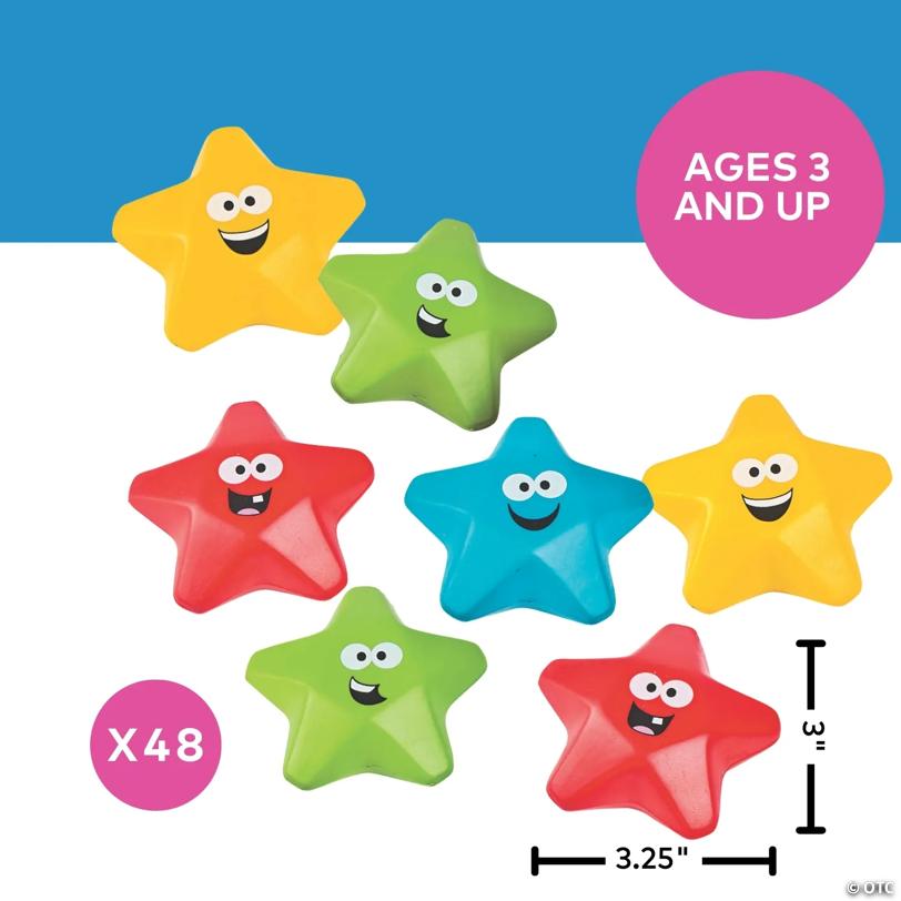 3" Bulk 48 Pc. Bright Color Smiling Star Student Classroom Rewards Foam Stress Toys