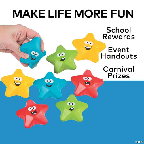 3" Bulk 48 Pc. Bright Color Smiling Star Student Classroom Rewards Foam Stress Toys