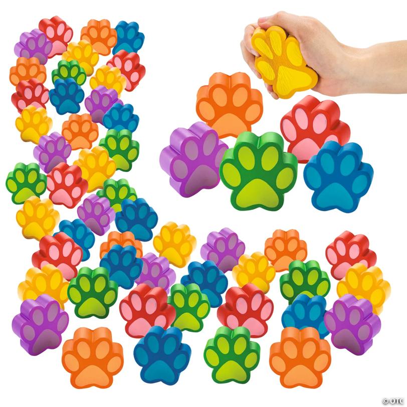3" Bulk 48 Pc. Brightly Colored Paw Print-Shaped Foam Stress Toys