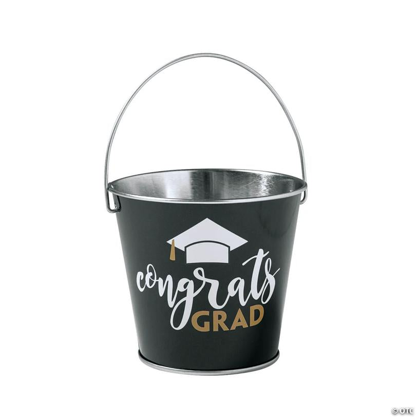 3" x 3 1/4" Mini Congrats Grad Black Metal Pails with Handle - 12 Pc. | Elite Festo