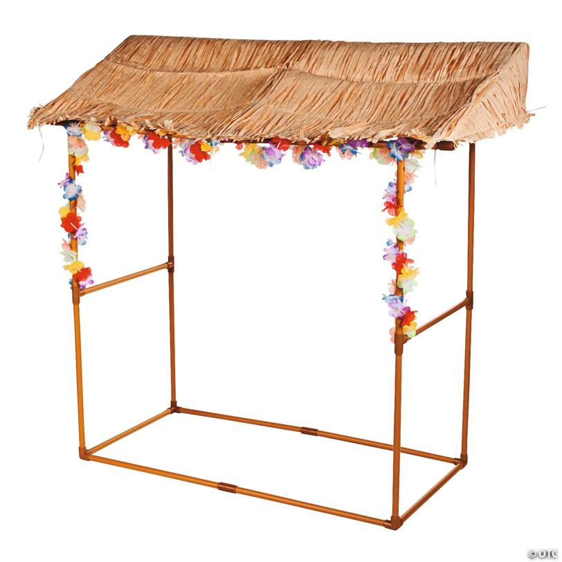 46 1/2" Tabletop Brown Raffia Tiki Hut with Garland & Plastic Frame