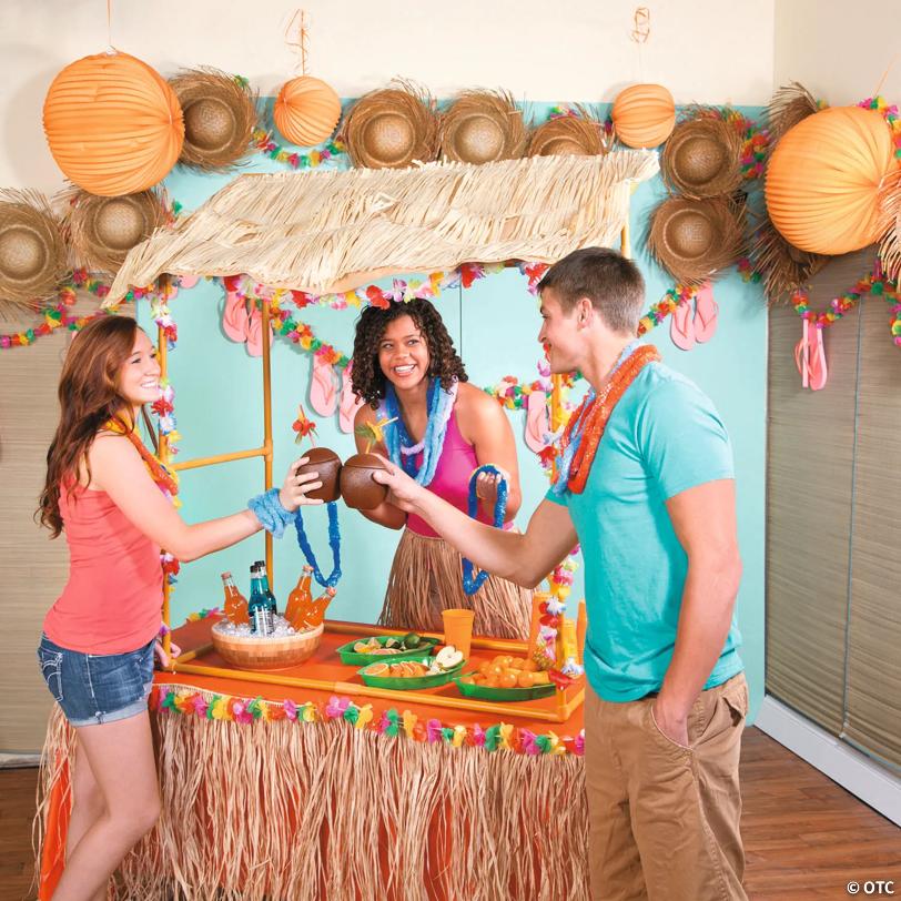 46 1/2" Tabletop Brown Raffia Tiki Hut with Garland & Plastic Frame