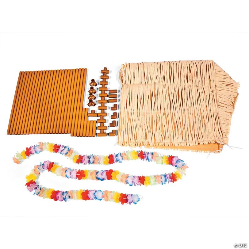 46 1/2" Tabletop Brown Raffia Tiki Hut with Garland & Plastic Frame
