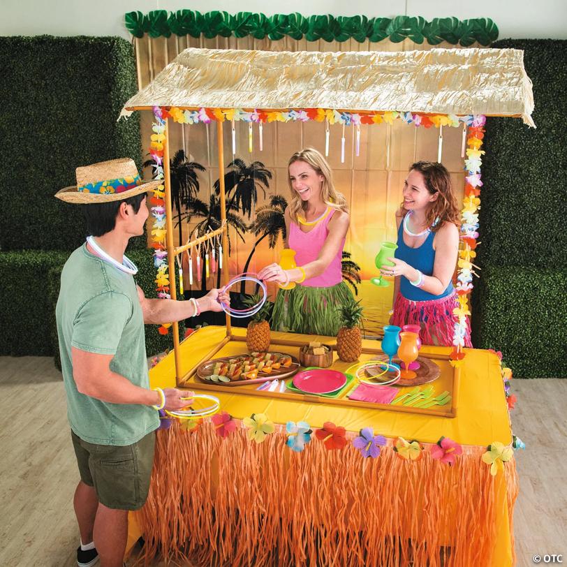 46 1/2" Tabletop Brown Raffia Tiki Hut with Garland & Plastic Frame