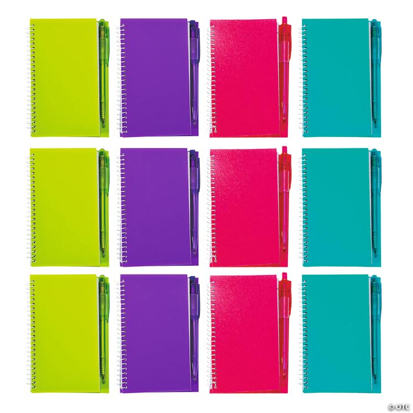 4 1/4" x 6" Neon Spiral Paper Notebook & Plastic Pen Sets - 12 Pc.