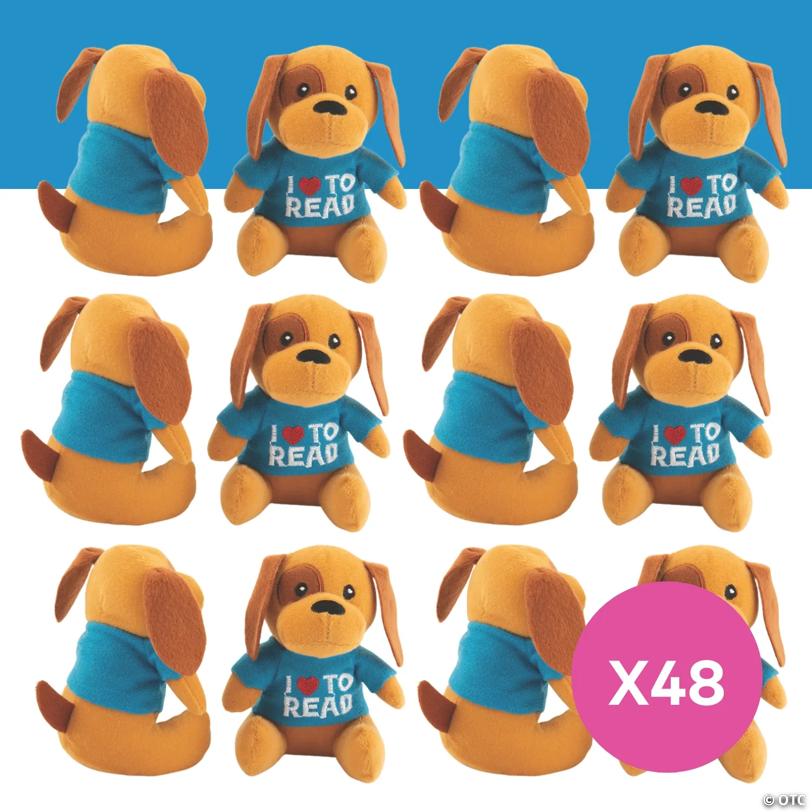 4 3/4" Bulk 48 Pc. Stuffed Puppies in I Love to Read T-Shirts
