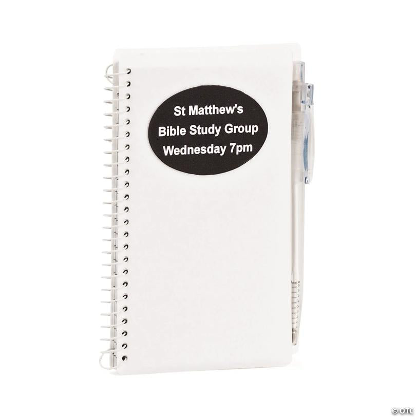 6" Personalized Classic White Paper Spiral Notebooks with Plastic Pens for 12 | Elite Festo