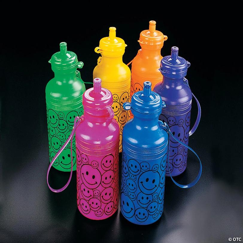 7 1/2" Smile Face Neon BPA-Free Plastic Water Bottles - 12 Ct. | Elite Festo