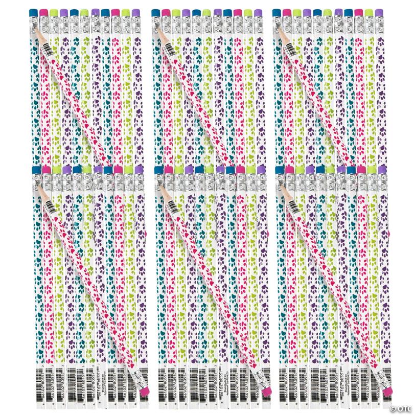 7 1/2" Bulk 144 Pc. Paw Print Pink, Blue, Purple & Green Wood Pencils