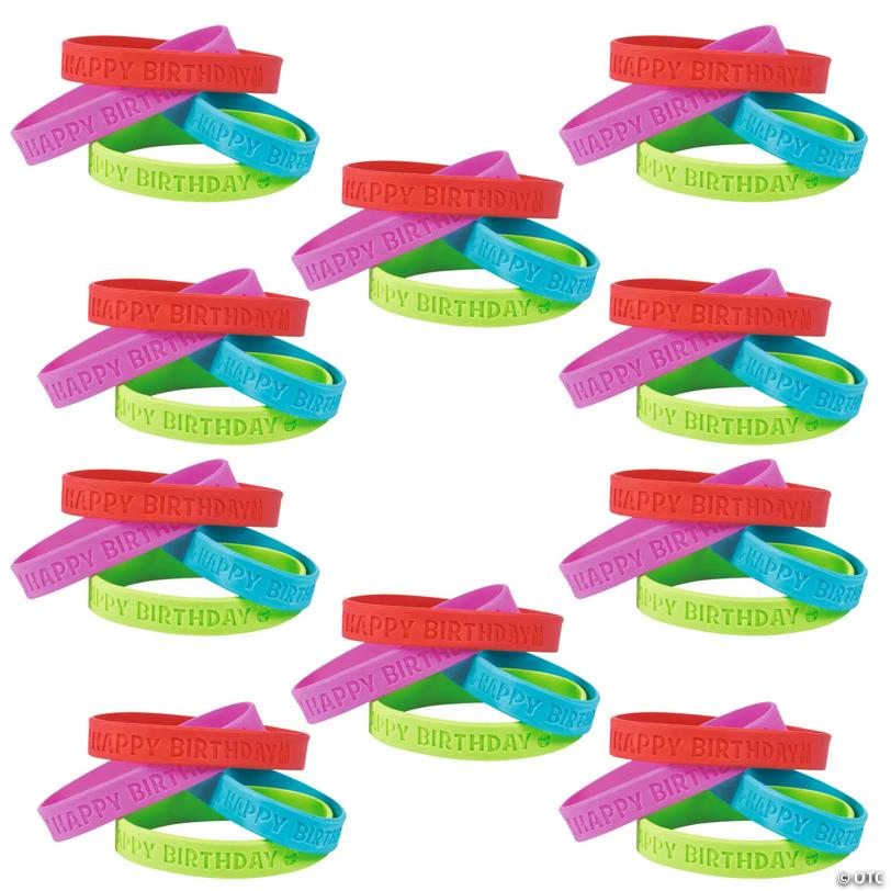 7 1/4" Bulk 144 Pc. Bright Color Happy Birthday Rubber Bracelets
