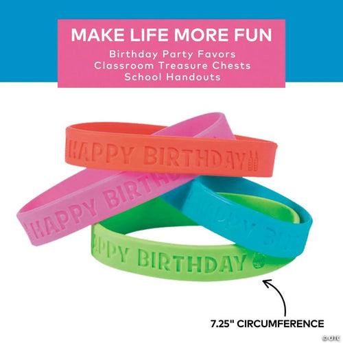 7 1/4" Bulk 144 Pc. Bright Color Happy Birthday Rubber Bracelets