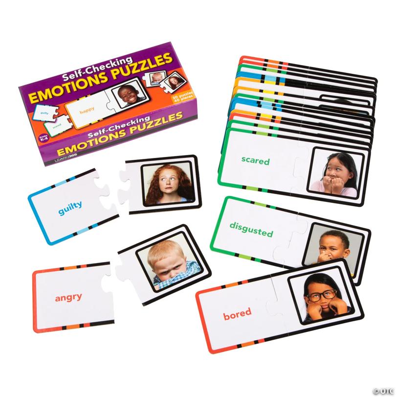 7" x 3" Emotions Self-Checking Chipboard Puzzles with Storage Box - Set of 20 Puzzles
