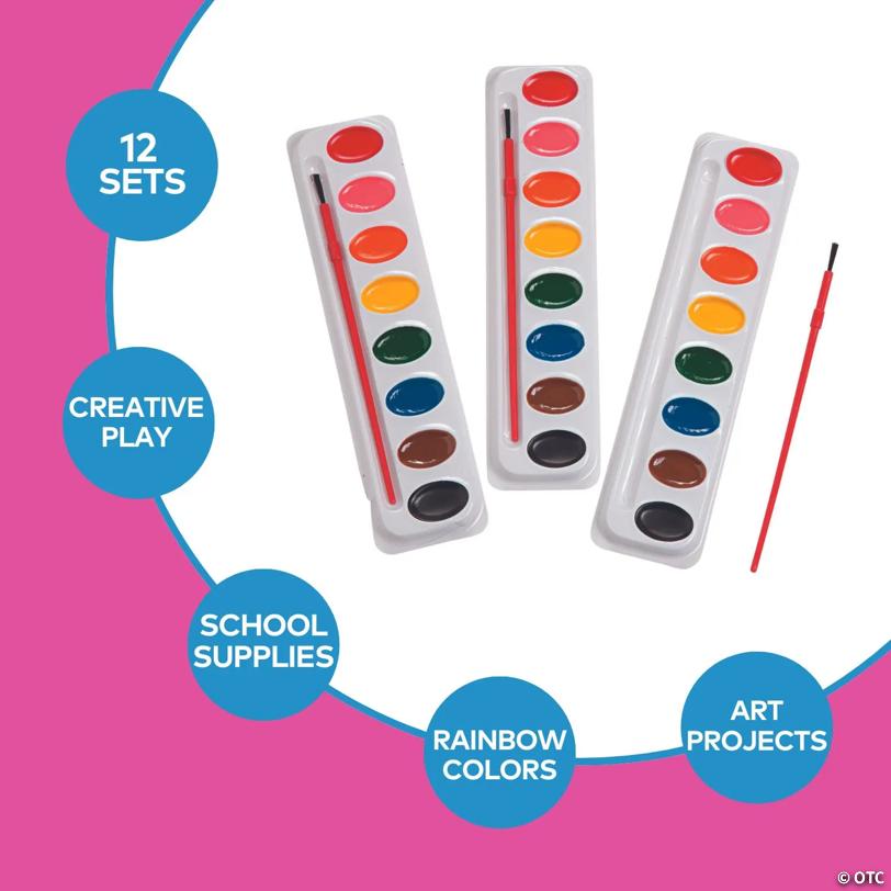 8" 8-Color Plastic Watercolor Refill Tray Art Supplies - Set of 12