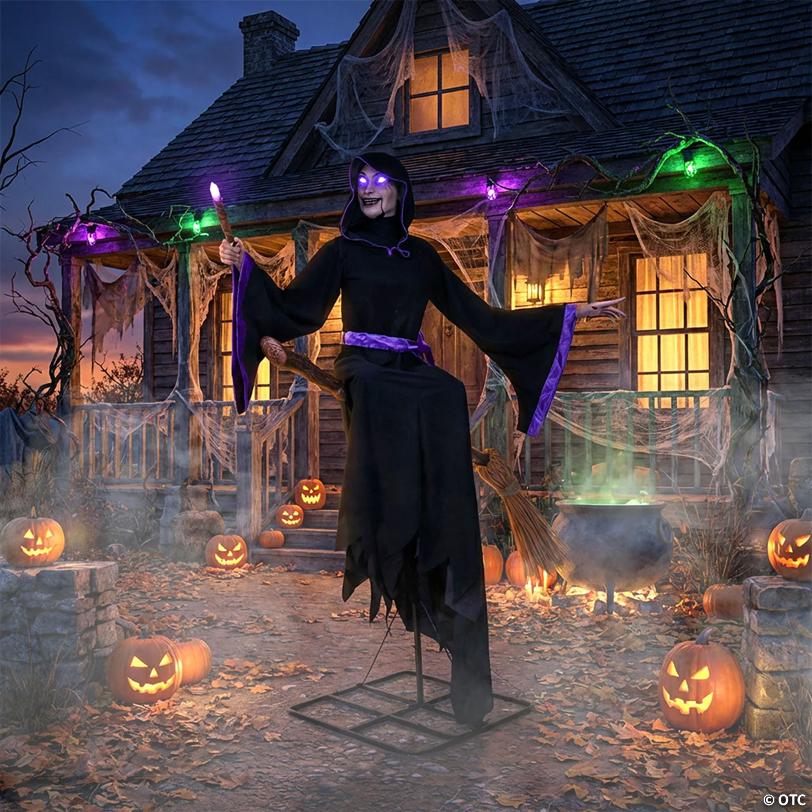 8 Ft. Animated Light-Up Hovering Witch with Broom & Wand Halloween Decoration
