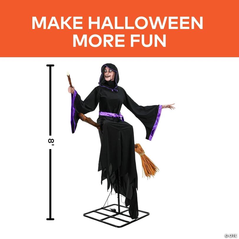 8 Ft. Animated Light-Up Hovering Witch with Broom & Wand Halloween Decoration - image 2