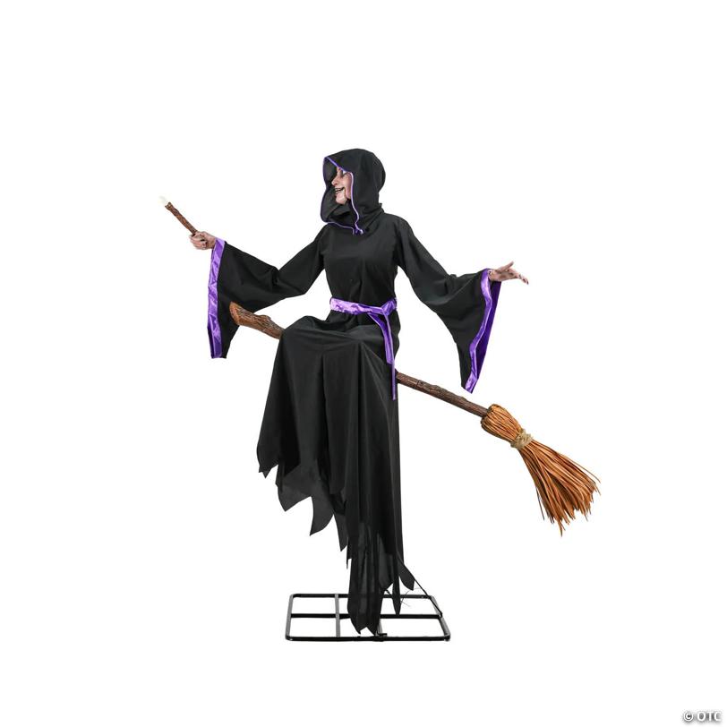 8 Ft. Animated Light-Up Hovering Witch with Broom & Wand Halloween Decoration - image 3