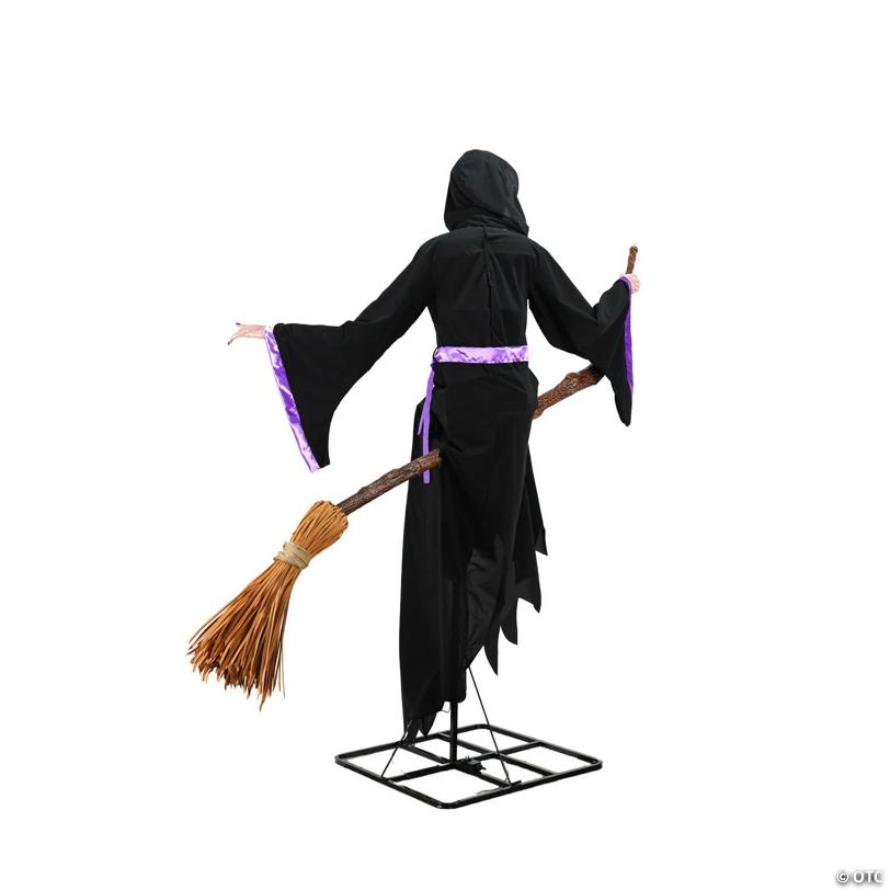 8 Ft. Animated Light-Up Hovering Witch with Broom & Wand Halloween Decoration - image 4
