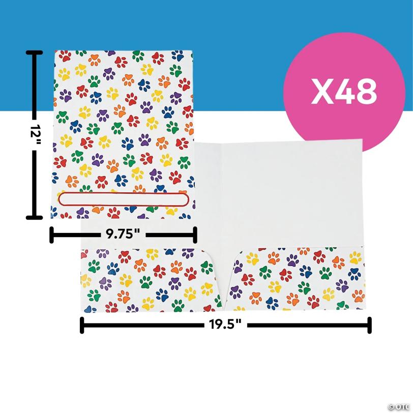 9 3/4" x 12" Bulk 48 Pc. Paw Print Patterned Cardstock Pocket Folders