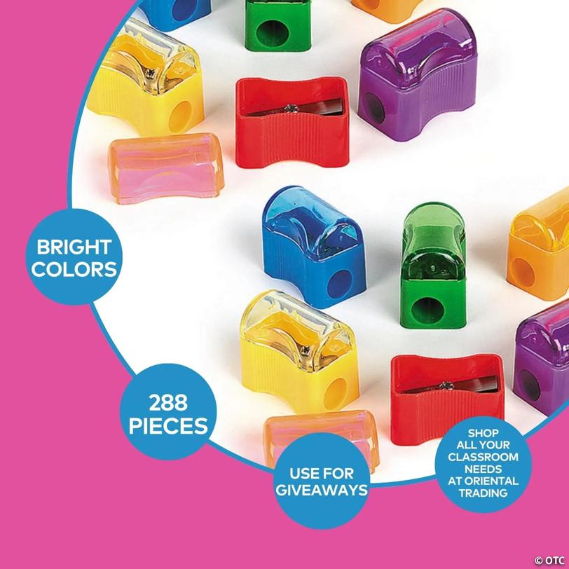 Bulk 288 Pc. Solid Bright Color Plastic Pencil Sharpeners with Caps