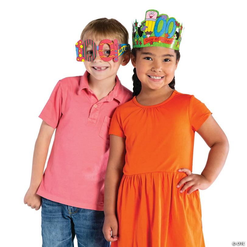 Bulk Color Your Own 100th Day of School Crowns & Glasses Kit for 48