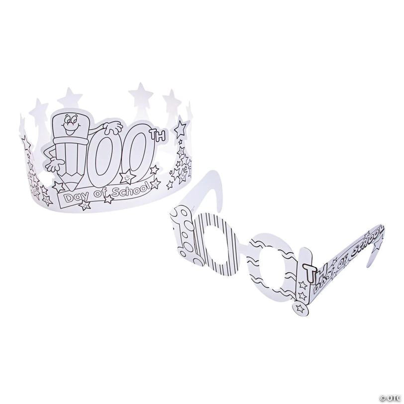 Bulk Color Your Own 100th Day of School Crowns & Glasses Kit for 48
