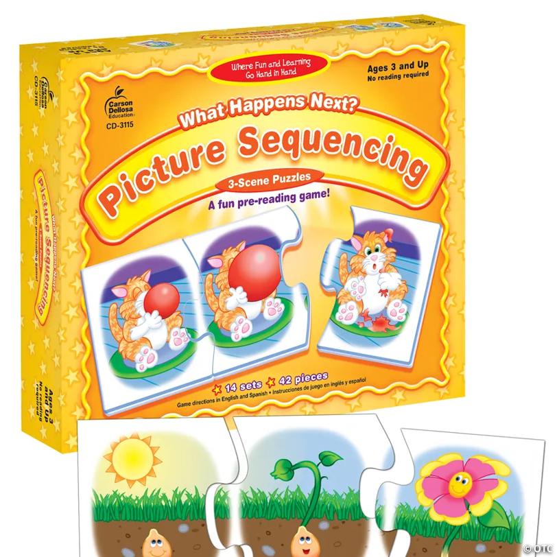 Carson Dellosa What Happens Next? Pre-Reading Puzzle Game Set, Colorful 3-Scene Picture Sequencing Phonics Game With 14 3-Scene Puzzles, Ages 4+ (42 pc)