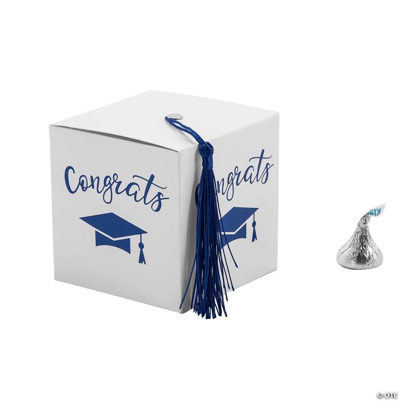 Graduation Party White Favor Boxes with Blue Tassel - 25 Pc. | Elite Festo