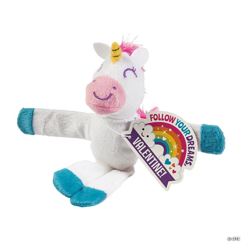 Hugging Stuffed Unicorn Slap Bracelets Valentine Exchanges with Card for 12