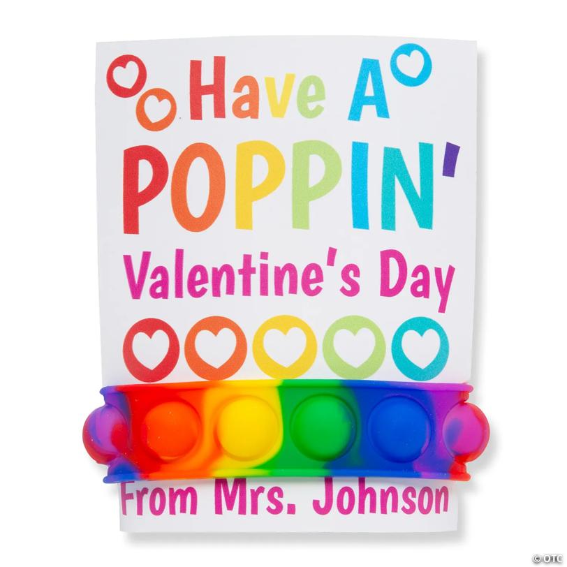 Personalized Lotsa Pops Pop Fidget Toy Rainbow Bracelet Valentine Exchanges with Card for 24