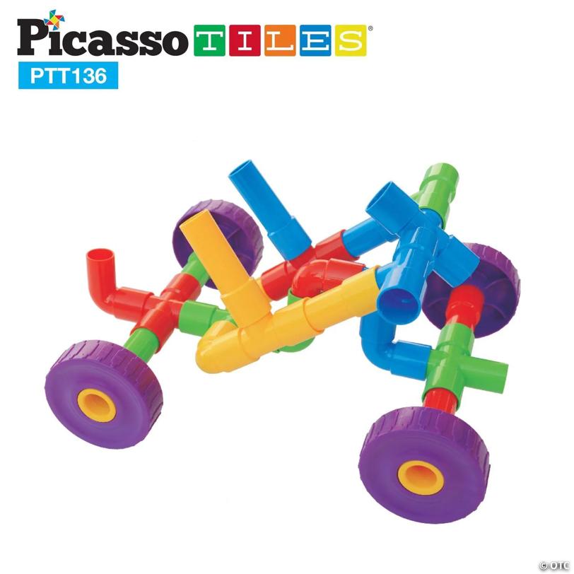 PicassoTiles 136 PC Pipe Tube Wheel, Construction Building Engineering Set, STEM Toy, Learning Toy for Kids Ages 3+