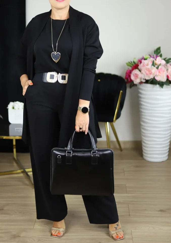 Pant Set Women Three Piece Sets Round Neck Full Sleeve Tops Mid Length Coats Wide Leg Long Pants High Waist Y2k Work 2025