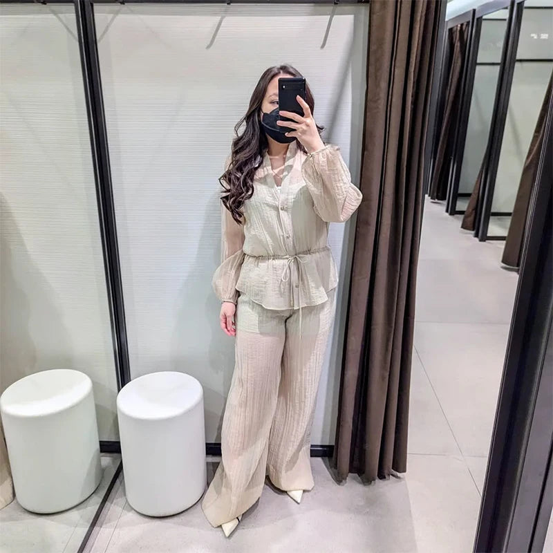 pant Set  perspectivei  Women's Two Piece long Sleeve Front Peplum Top long pants Summer Elegant Casual female vacation Outfit