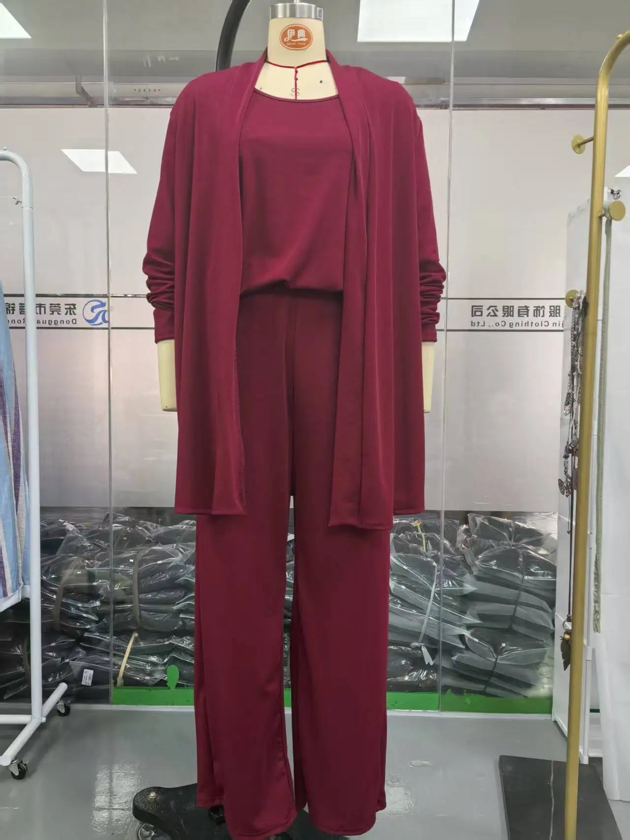 Pant Set Women Three Piece Sets Round Neck Full Sleeve Tops Mid Length Coats Wide Leg Long Pants High Waist Y2k Work 2025