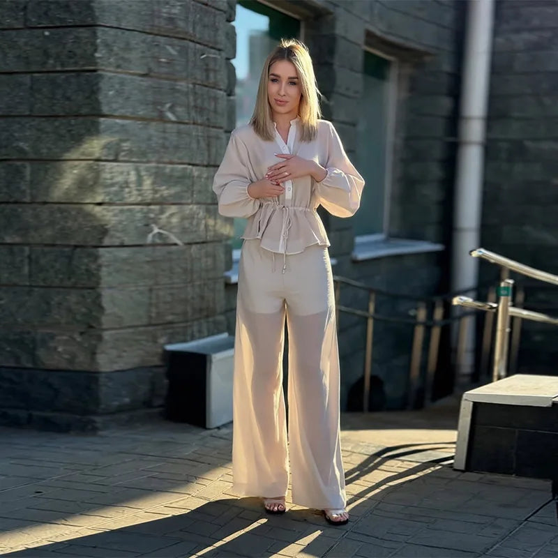pant Set  perspectivei  Women's Two Piece long Sleeve Front Peplum Top long pants Summer Elegant Casual female vacation Outfit