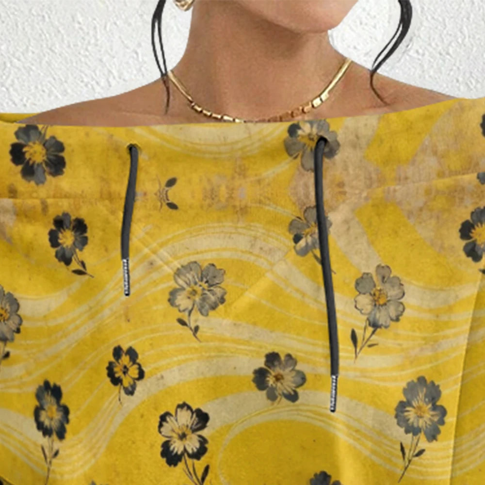 Trending Off Shoulder Sweatshirt with Multicolor Plaid & Floral Print Adjustable Drawstring Neck Casual Streetwear Top for Women