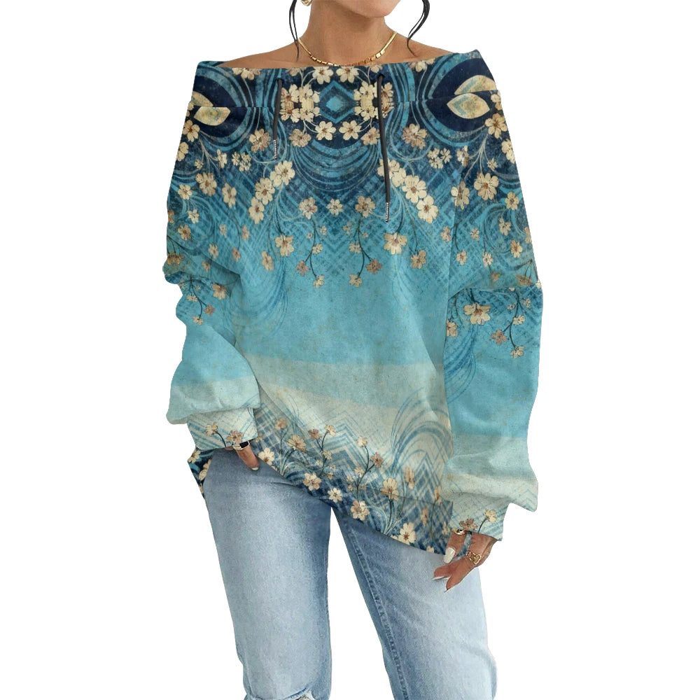 Trending Off Shoulder Sweatshirt with Multicolor Plaid & Floral Print Adjustable Drawstring Neck Casual Streetwear Top for Women