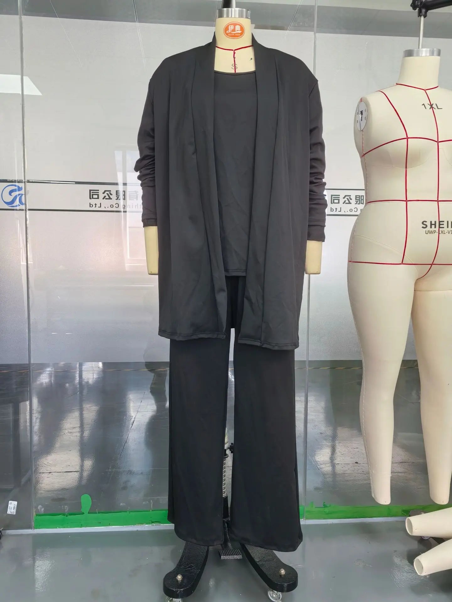 Pant Set Women Three Piece Sets Round Neck Full Sleeve Tops Mid Length Coats Wide Leg Long Pants High Waist Y2k Work 2025