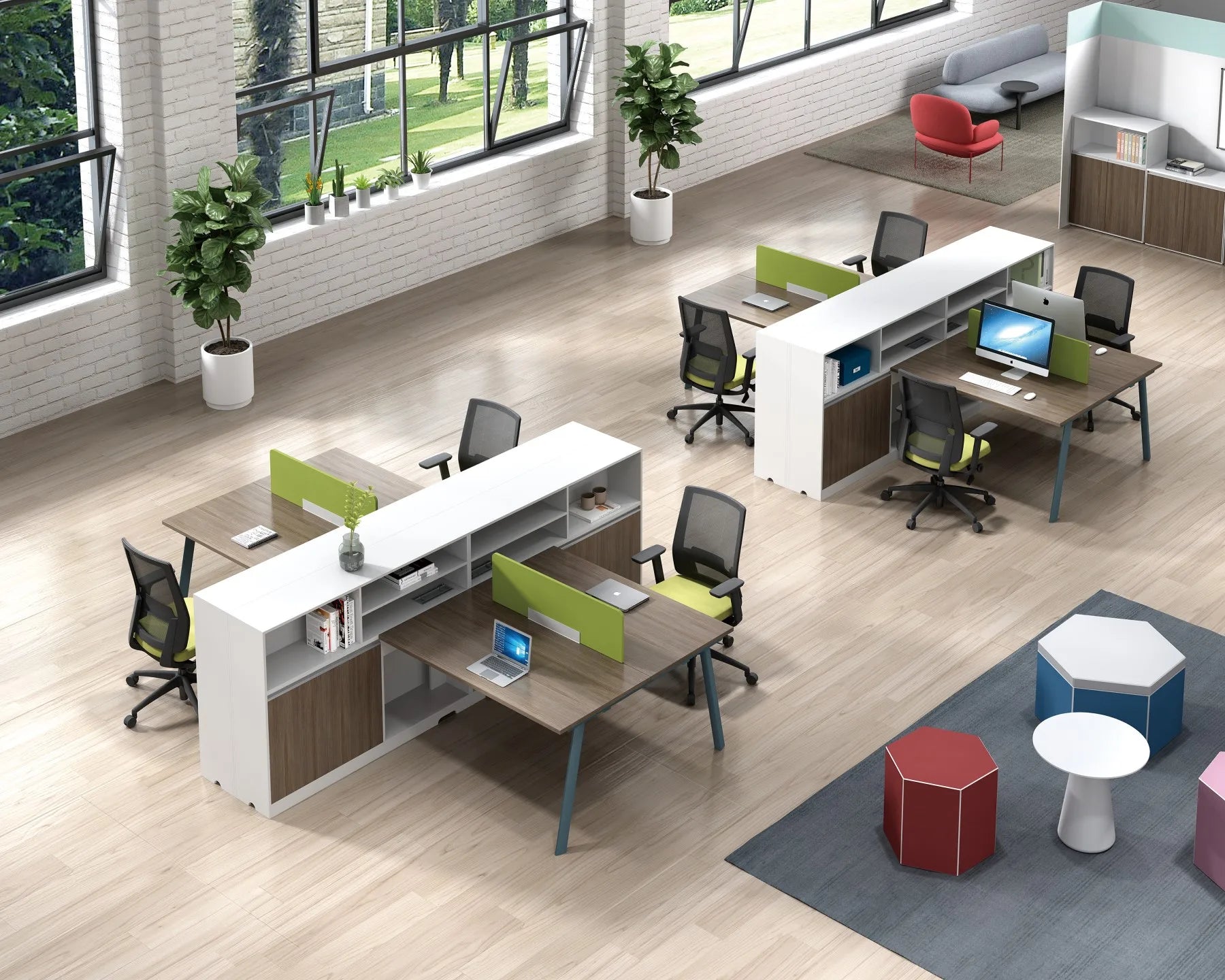 Modern 2-Person Co-Working Workspace Desk Staff Computer Work Desk with File Cabinet Modular Wooden Furniture